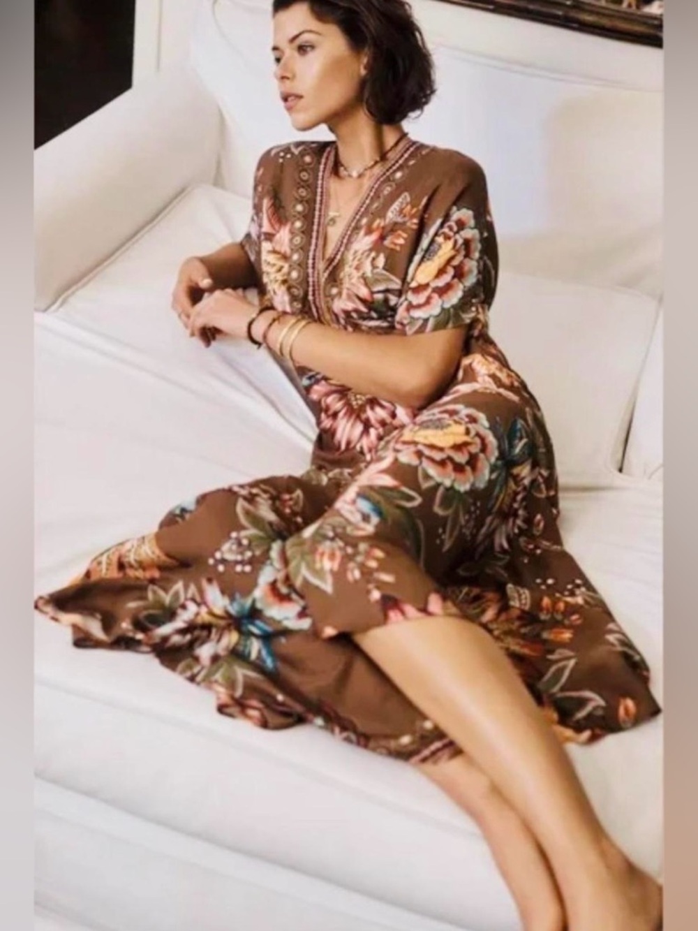 FARM Rio Brown Floral V-Neck Maxi Dress with Multicolor Blooms - Picture 14 of 16